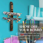 MyGift Modern Wall Mounted Rustic Burnt Solid Wood Skateboard Display Rack, Hanging Longboard Storage Organizer with Diagonal Cutout Slots, Holds 6 Boards