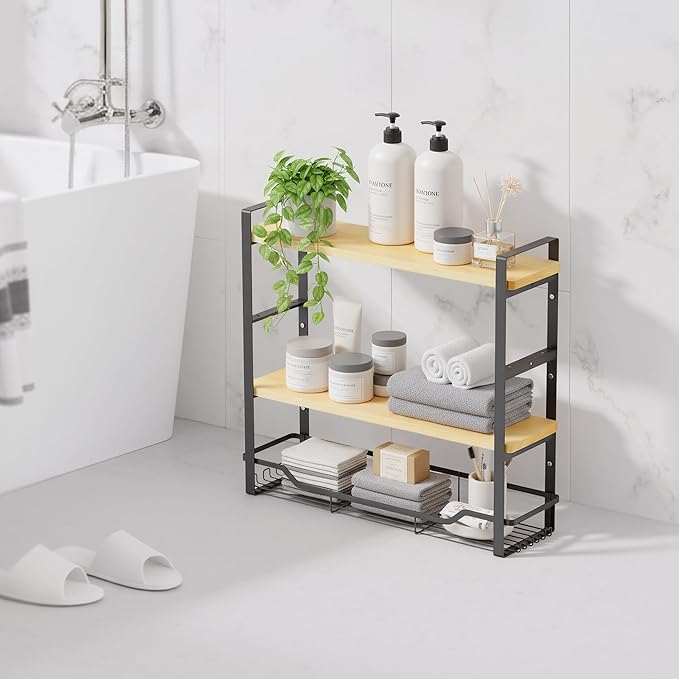 Bathroom Shelves Over Toilet Storage - 3 Tier Large Wall Mounted Shelves for Bathroom - Over Toilet Organizer - Adjustable Stand Shelf Rack for Kitchen Living Room - Black Oak