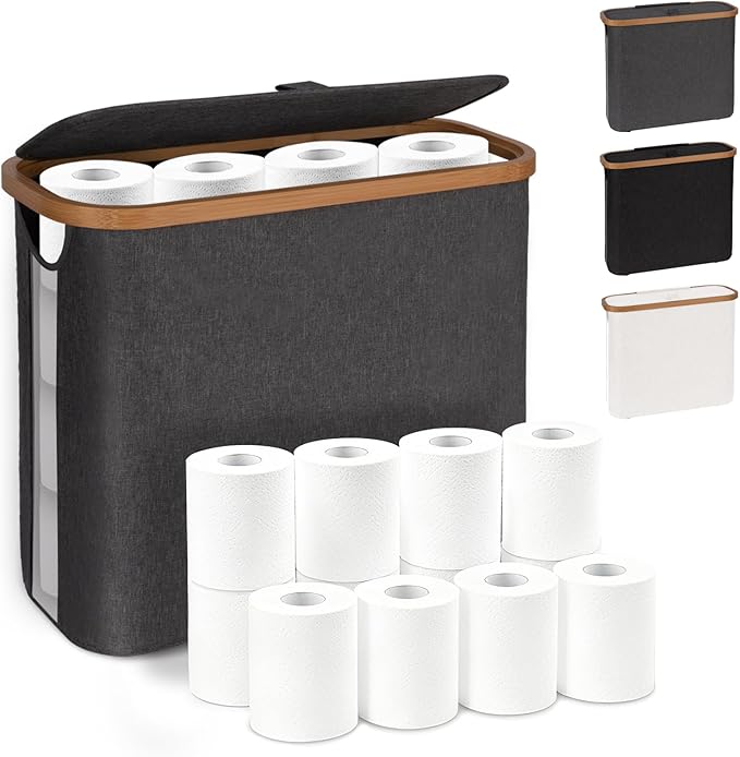 Toilet Paper Storage with Lid and Handle, 12 Roll Toilet Paper Basket Bathroom Standing Organizer, Folding Storage Bag with Foot Base, Slim Holder Container for Rolling Tissue, Towel- Grey