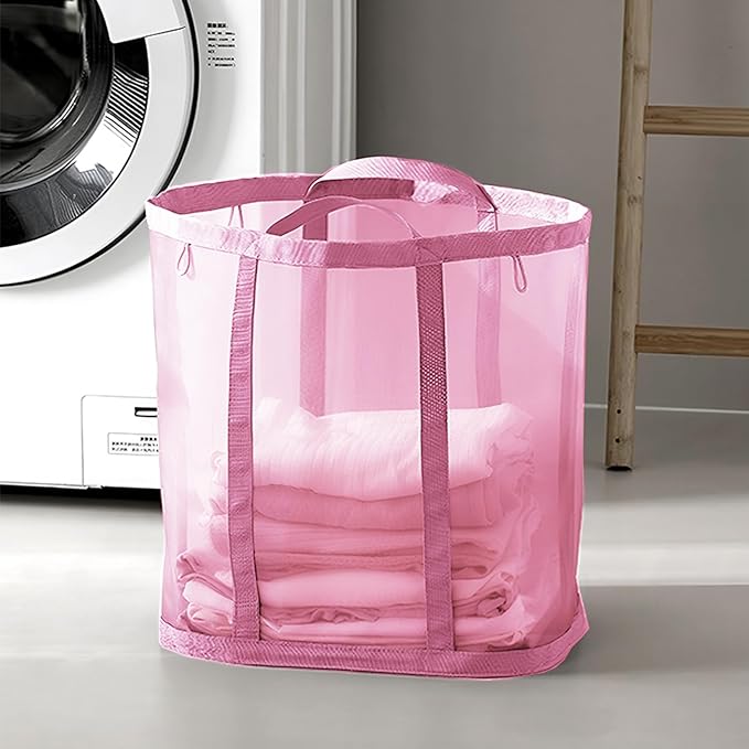 Mesh Bag with Handles, Collapsible Laundry Basket, Foldable Laundry Bag, Breathable Folding Beach Bag,Space-saving Travel Tote Bags (1, Pink)