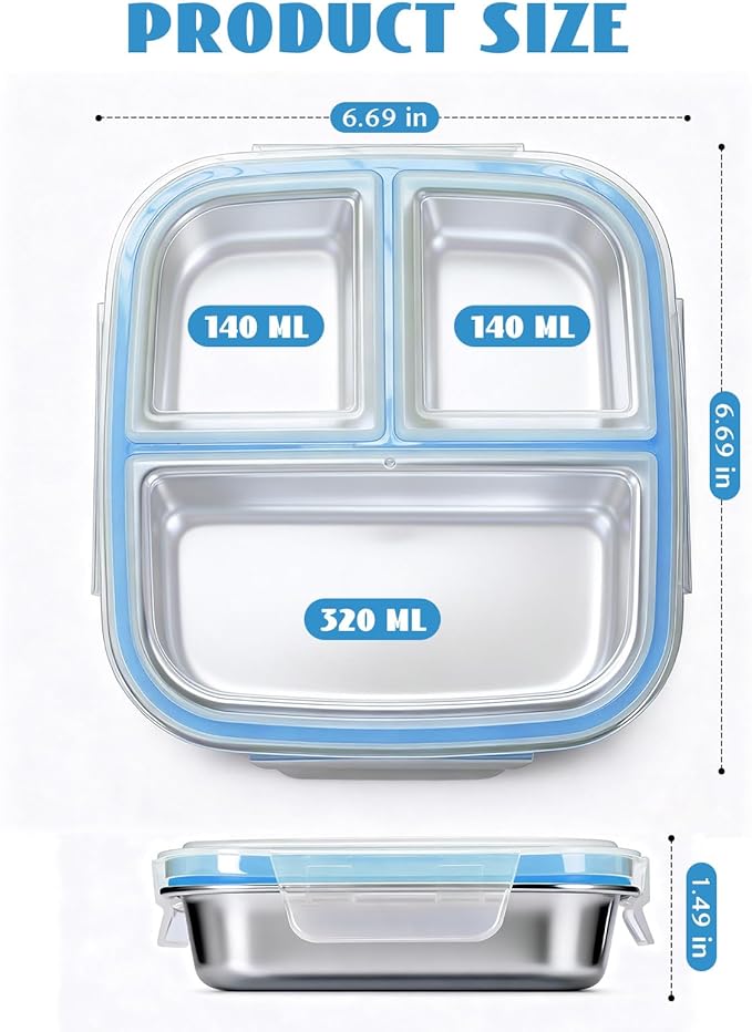 Stainless Steel Snack Containers, 3 Compartments Reusable on and go Bento Box with Lids for Kids, Lunch Box Pre Meal Storage for School Office Outdoor Camping Travel - Blue
