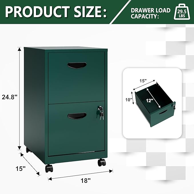 2 Drawer File Cabinet with Lock, Small Rolling Filing Cabinet for Home Office, Metal Mobile File Cabinets on Wheels, Under Desk Office Cabinets for Letter Size Folders - Assembly Required