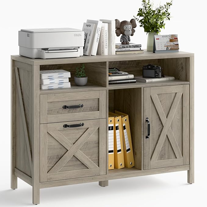 Lateral File Cabinet with 2 Drawers and Door, Farmhouse File Cabinet for A4/Letter Size Hanging Files, Large Wood File Storage Cabinets Printer Stand with Open Space for Home Office Furniture, Grey