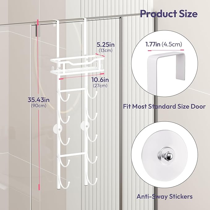 SWTYMIKI Over the Door Towel Rack - 6 Tier Towel Racks for Bathroom Wall Mounted, Towel Holder with Shelf, Hanging Rolled Towel Storage Organizer for Small Bathroom, Camper, RV, White