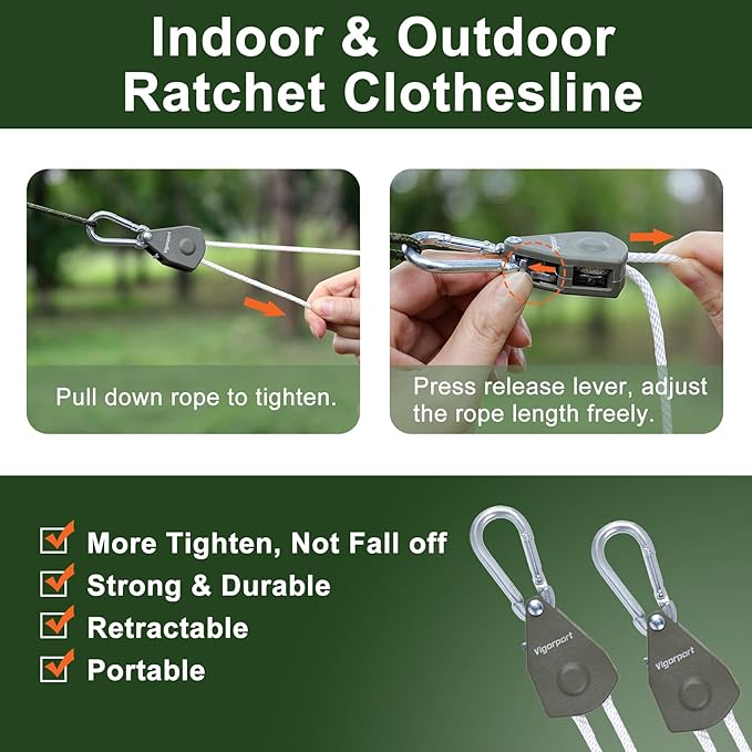 Vigorport Retractable Travel Clothesline, Portable Clothes Line Heavy Duty Rope Pully System with Carabiner for Outdoor Camping, Cruise Ships, Indoor Backyard, Balcony (White, 19Ft)