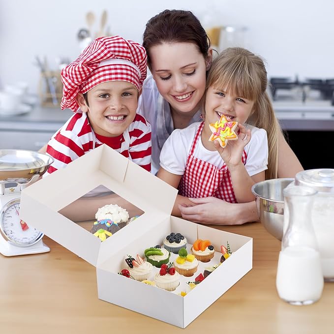 Cupcake Boxes, 4 Pack Disposable Cupcake Containers, Food Grade Cupcake Carrier 12 Count with Window and Inserts, Cupcake Transport Holders Bulk for Muffins Cookies Treats Dessert（White）