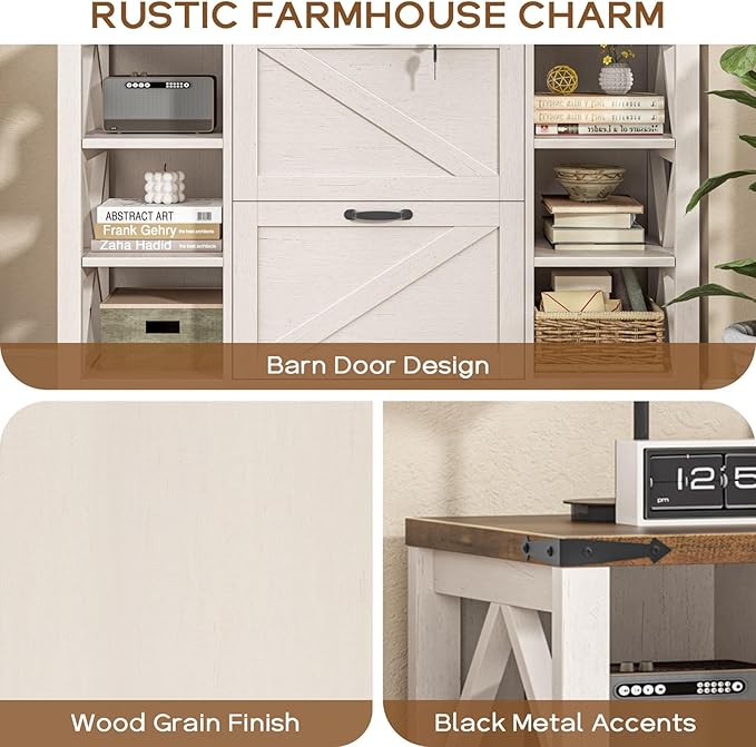 44" Lateral File Cabinet with Adjustable Shelves, Farmhouse 2 Drawer Filing Cabinet with Lock for Legal/A4/Letter, Wooden Printer Stand Office Furniture Storage Cabinets for Home Office, Rustic White