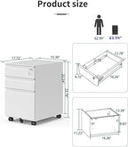 3-Drawer Mobile File Cabinets Rolling, Vertical Metal Filing Cabinet for Legal & Letter File Anti-tilt Design with Lock Under Desk Office Drawers Fully Assembled (White)