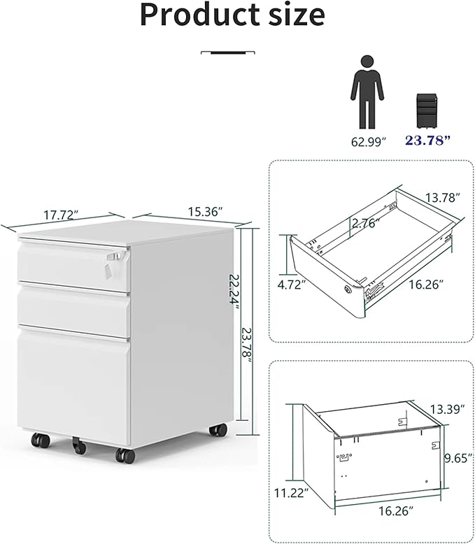 3-Drawer Mobile File Cabinets Rolling, Vertical Metal Filing Cabinet for Legal & Letter File Anti-tilt Design with Lock Under Desk Office Drawers Fully Assembled (White)