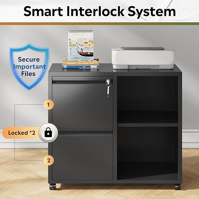 DEVAISE Lateral File Cabinet with 2 Drawers, Mobile Metal Filing Cabinet with Lock for Home Office Storage, Printer Stand with Adjustable Shelf - Black