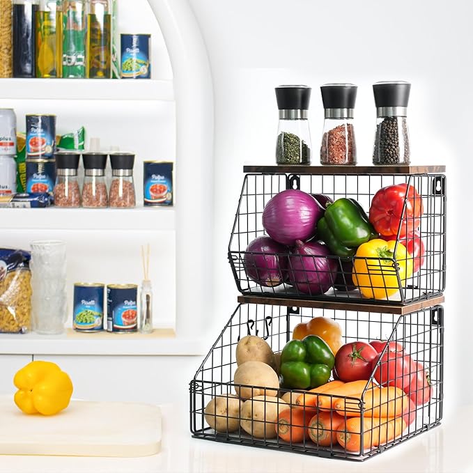 Fruit Basket, Stackable Wall Mounted Fruit Baskets, Potato Baskets Onion Storage for Kitchen, Hanging Wire Basket with Wood Lid, 2-Tier Vegetable Organizer Kitchen Countertop Organization