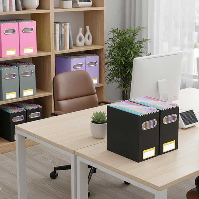 BALEINE File Organizer Box, Cardboard File Folder Organizer with Handle for Letter Size, Portable Collapsible Hanging Filing Box for Home Office Document Storage (4 Pack, Beige)