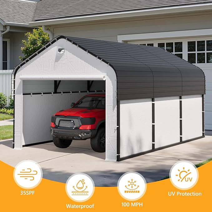 10x16 Metal Carport, Heavy Duty 2-Car Carport Canopy, CarPorts with Removable Polyethylene Sidewalls, Galvanized Steel Roof Car Tent Garage