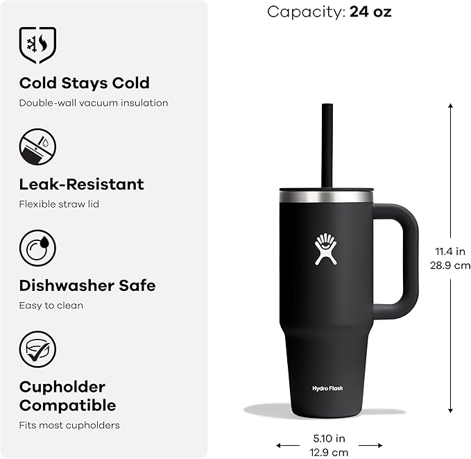 Hydro Flask Travel Tumbler with Handle, Lid and Straw - Insulated Stainless Steel in 24 Oz Nectar Orange