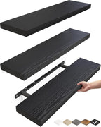 BAYKA Floating Shelves for Wall, 22.5 inches Wall Mounted Rustic Wood Shelves for Bathroom, Bedroom, Living Room, Floating Shelves for Books/Storage/Decor (Black,Set of 3)