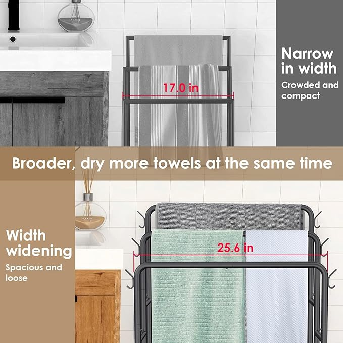 Kayfia 40" H Towel Rack Freestanding, 3-Tier Bath Towel Holder Stand with Storage Baskets & Hooks, Blanket Drying and Display Rack for Oversized Bath Towels, Metal Towel Rack Stand Indoor Outdoor