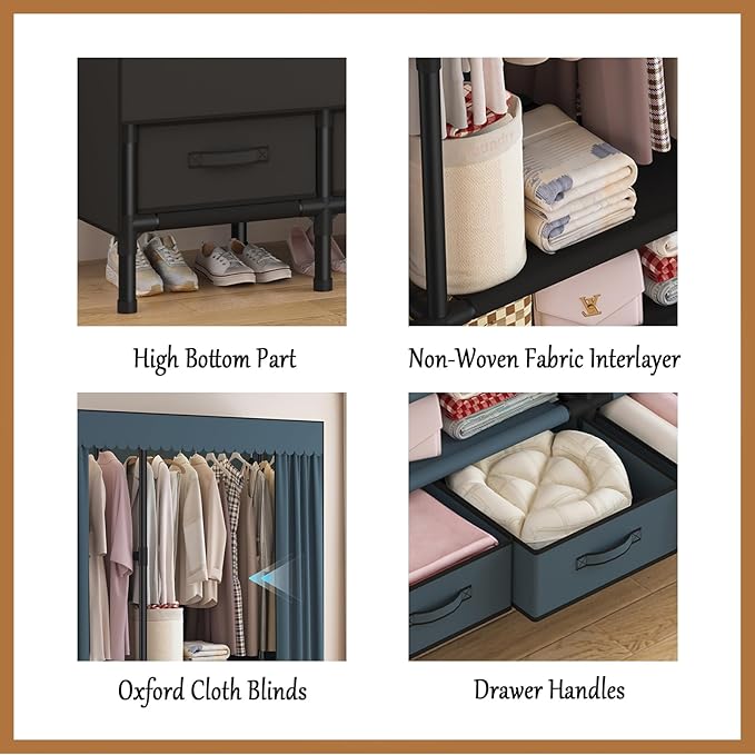 Portable Closet,Garment Rack,Heavy Duty Clothes Rack with Cover,Wardrobe Closet with 3 Hanging Rods, 9 Storage Shelves,55.1" L x 17.7" W x 67.7" H,Pale Yellow