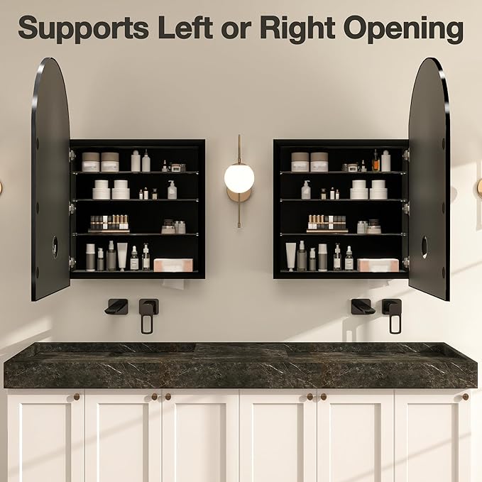 Arched Medicine Cabinet Mirror No Assembly Needed Bathroom Mirror with Storage Recessed or Surface Mount Options (Black, 36" L x 24" W)