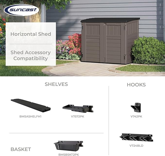 Suncast 5.9 ft. x 3.7 ft Horizontal Stow-Away Storage Shed - Natural Wood-Like Outdoor Storage for Trash Cans and Yard Tools - All-Weather Resin, Hinged Lid, Reinforced Floor - Made in The USA