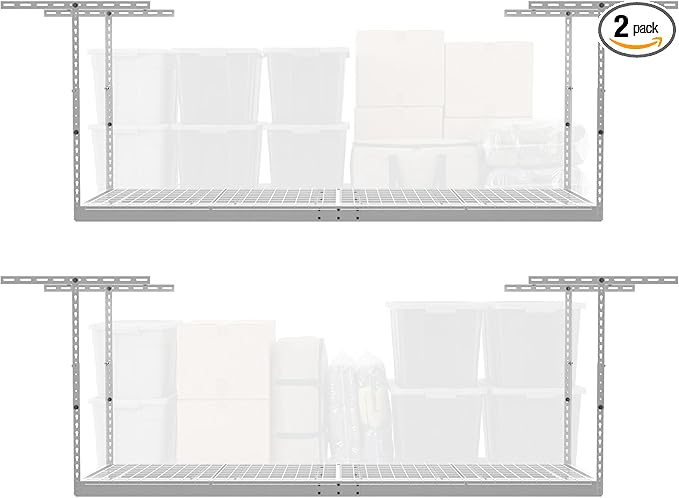 MonsterRax Overhead Garage Storage Racks 3x8’ (2-Pack) Ceiling Mounted Shelving, Adjustable Hanging Organizer, Heavy Duty Steel, Holds 500 Pounds, Color: White, Adjustable from 24"-45" off the Ceiling