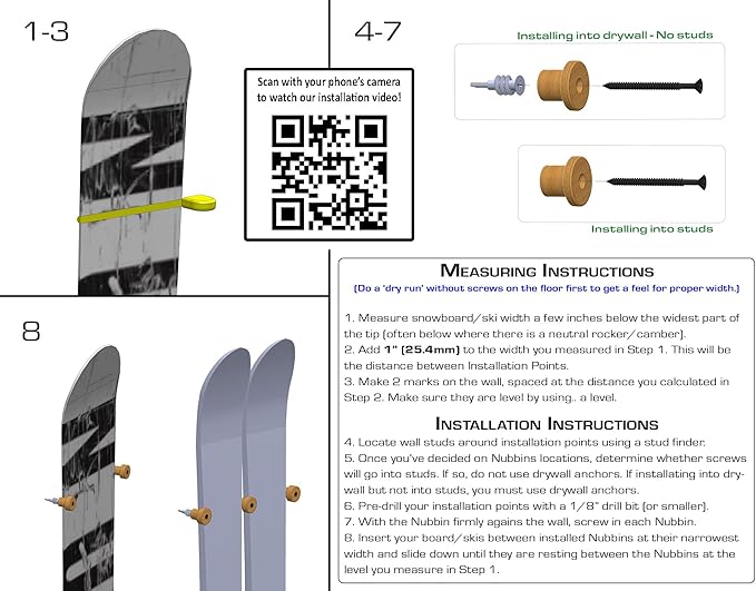 Grassracks Nubbins - Birch Flush Ski Wall Mount & Snowboard Wall Mount - Ski Rack & Snowboard Rack