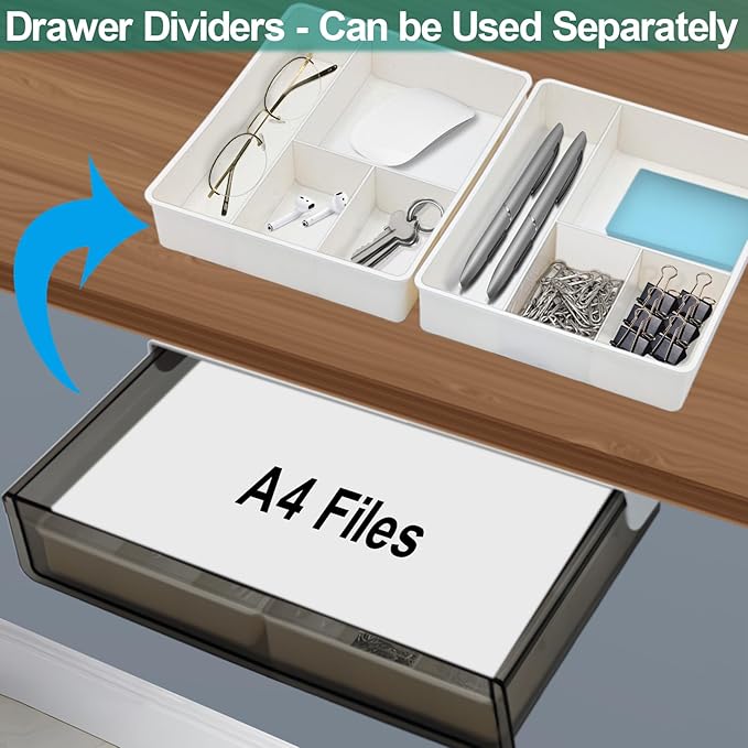 Large Under Desk Table Drawer Storage Organizer, Slide Out Drawer with 2 Desk Divider,Pencil Storage Self-Adhesive Tray Under Table (L/Clear Black+White)