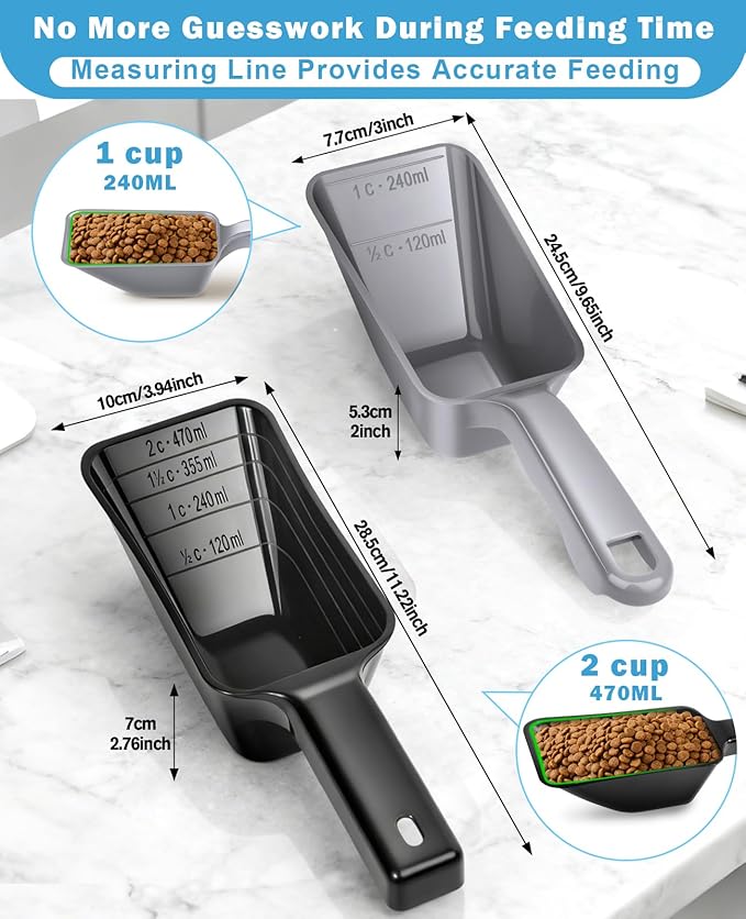 2-Pack Dog Food Scoop Set,1 Cup and 2 Cup Plastic Pet Food Measuring Scoops with Clear Measurement Lines,Multi-Purpose Pet Food Scooper for Dogs, Cats (Grey and Black)