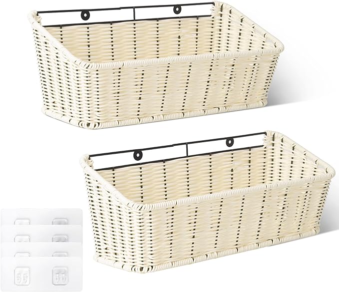 GRANNY SAYS Wicker Hanging Basket, 2 Pack Storage Baskets for Organizing, Adhesive Wall Mount Fruit Basket, Kitchen Organization Hanging Shelves, Storage Cabinet Door Organizer, Off White