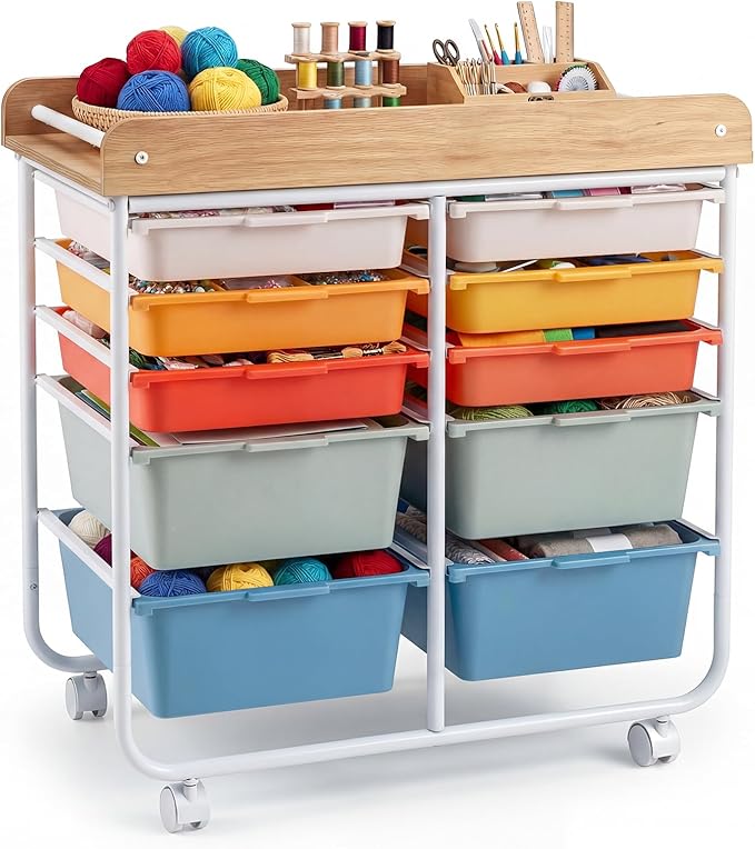 GOFLAME 10-Drawer Rolling Storage Cart, Craft Storage Cart with Wooden Tabletop, Lockable Wheels & Handles, Art Cart Supply Storage Organizer with Metal Frame for Home Office Classroom, Macaron Color