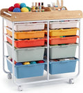 GOFLAME 10-Drawer Rolling Storage Cart, Craft Storage Cart with Wooden Tabletop, Lockable Wheels & Handles, Art Cart Supply Storage Organizer with Metal Frame for Home Office Classroom, Macaron Color