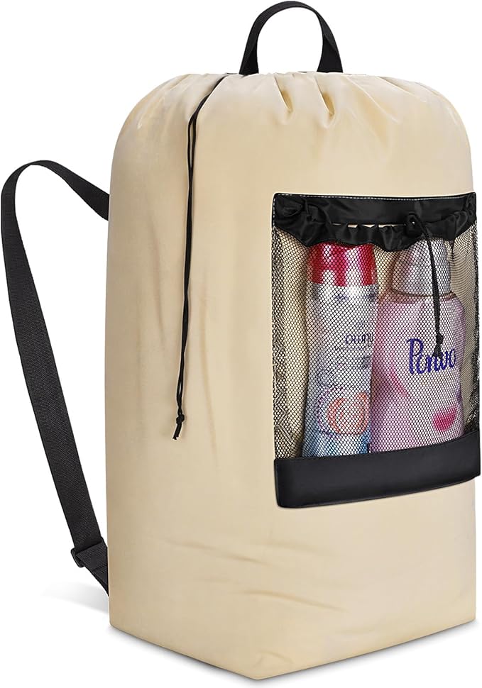 Lifewit Laundry Bag, Extra Large Laundry Backpack with Shoulder Straps and Mesh Pocket for Laundromat, Heavy Duty Laundry Bag Backpack for Dirty Clothes for College Dorm/Travel/Apartment, 120L, Khaki