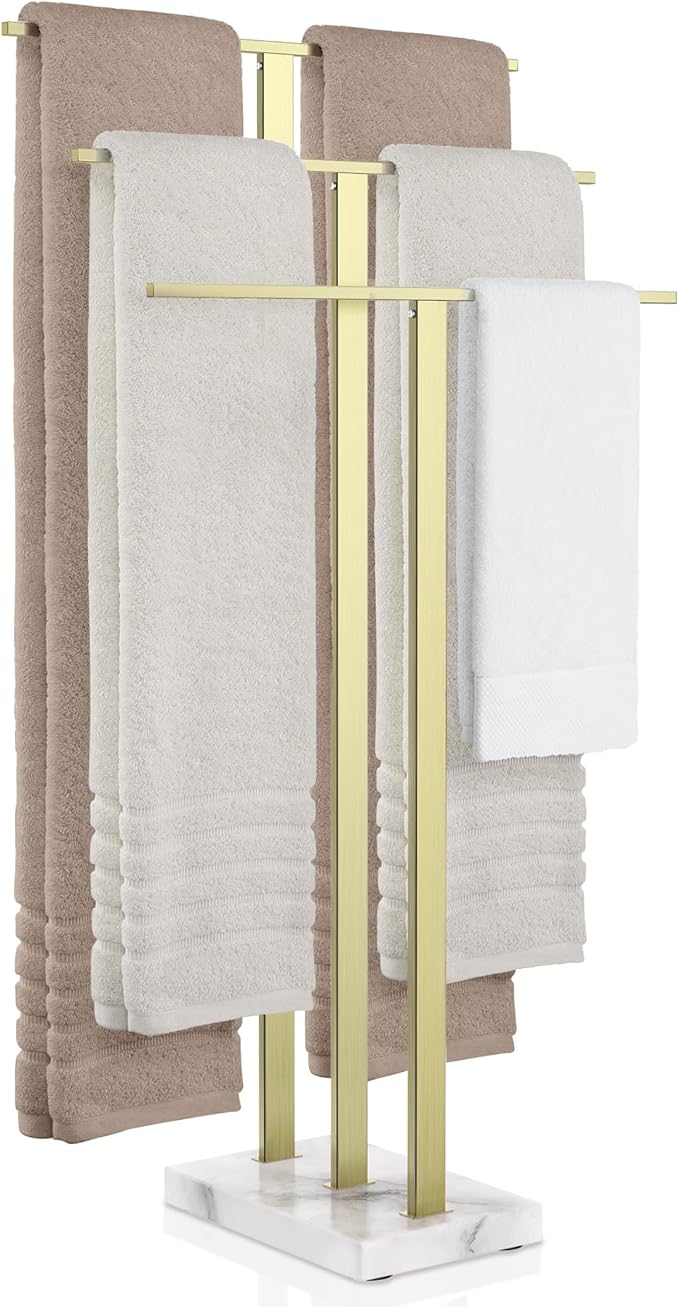 KES Standing Towel Rack 3-Tier with Marble Base, Brushed Gold Towel Rack Stand for Bathroom Floor, Fits Large Bath Towel & Hand Towel, 18/8 Stainless Steel, BTH217S3-BZ