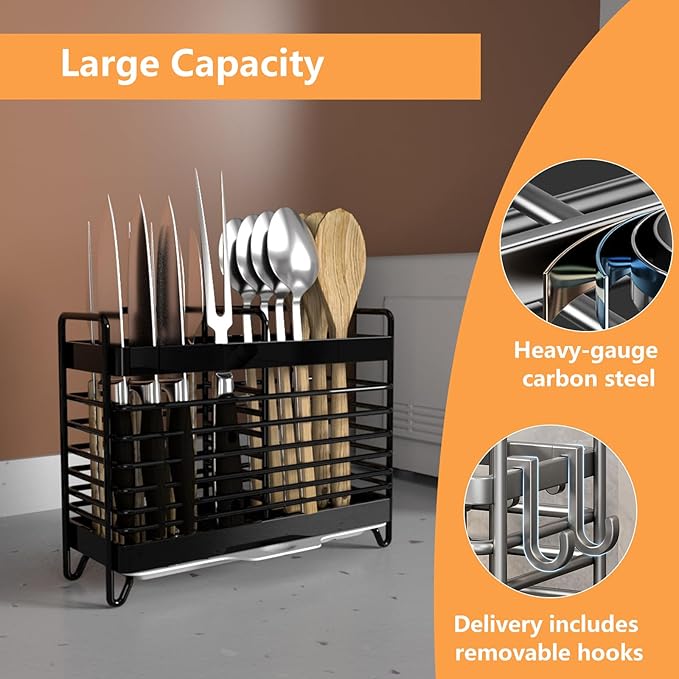 Kitchen Utensil Holder, Silverware Organizer Holder, Kitchen Counter Drainer Basket Cutlery for Flatware, Spoons, Forks, and Knives, Stainless Steel Utensil Drying Rack with Drain Tray (2 Cells)