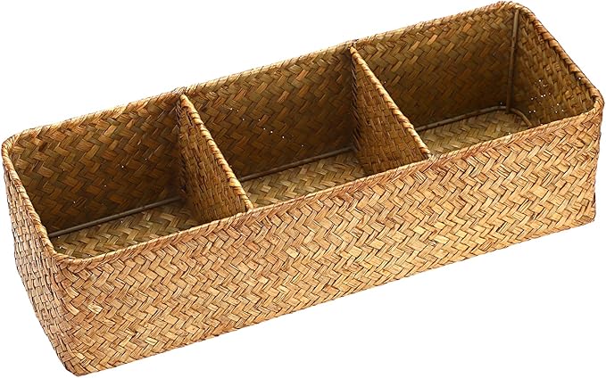 Hipiwe Handwoven Seagrass Storage Basket 3 Sections Toilet Tank Paper Organizer Decorative Shelf Basket for Pantry Living Room Kitchen, Caramel Color