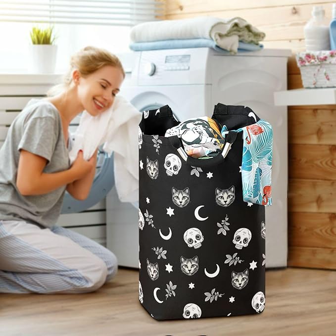 Gothic Moon Skull Cat Laundry Basket for College Dorm,50L Collapsible Portable Laundry Hamper Storage Basket for Toys Clothes Organizer