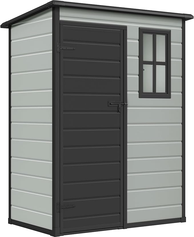 DWVO 5x3 FT Outdoor Storage Shed with Reinforced Floor, All-Weather Resin Storage Shed with Lockable Door & Window, Waterproof Plastic Tool Storage for Garden, Backyard, Patio, Lawn,Blue-Gray+Black