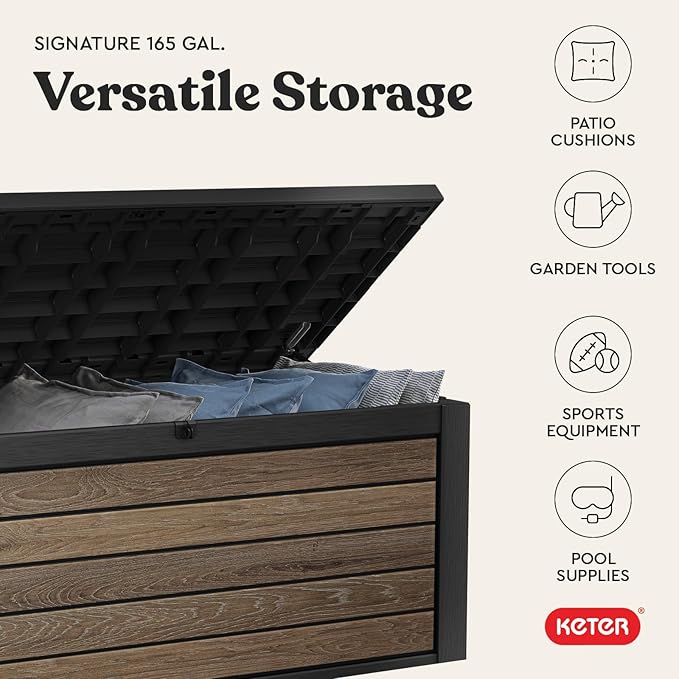 Keter Signature Collection 165 Gallon Resin Deck Box Organization and Storage Box for Patio Outdoor Cushions, Throw Pillows, Garden Tools and Pool Supplies, Walnut