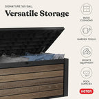 Keter Signature Collection 165 Gallon Resin Deck Box Organization and Storage Box for Patio Outdoor Cushions, Throw Pillows, Garden Tools and Pool Supplies, Walnut