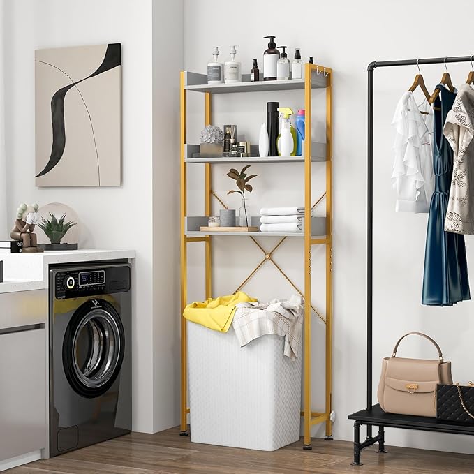 Tangkula Over The Toilet Storage, 3-Tier Toilet Rack Bathroom Space Saver with 4 Hooks & Adjustable Bottom Bar, Freestanding Bathroom Organizer Shelf Over Toilet for Restroom Balcony Laundry (White)