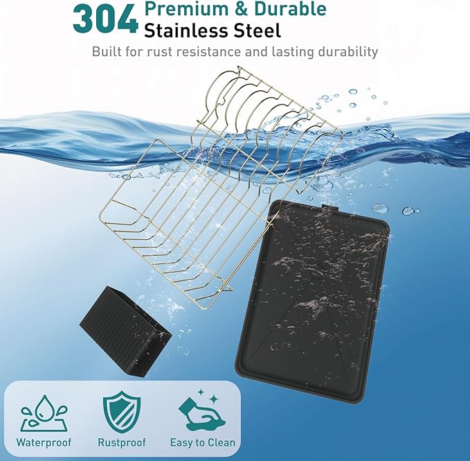 Buruis Dish Drying Rack for Kitchen Countertop, Large Capacity Gold Stainless Steel Dish Drainer with Anti-Slip Rubber Feet, Removable Drain Board and Utensil Holder (Black Tray)