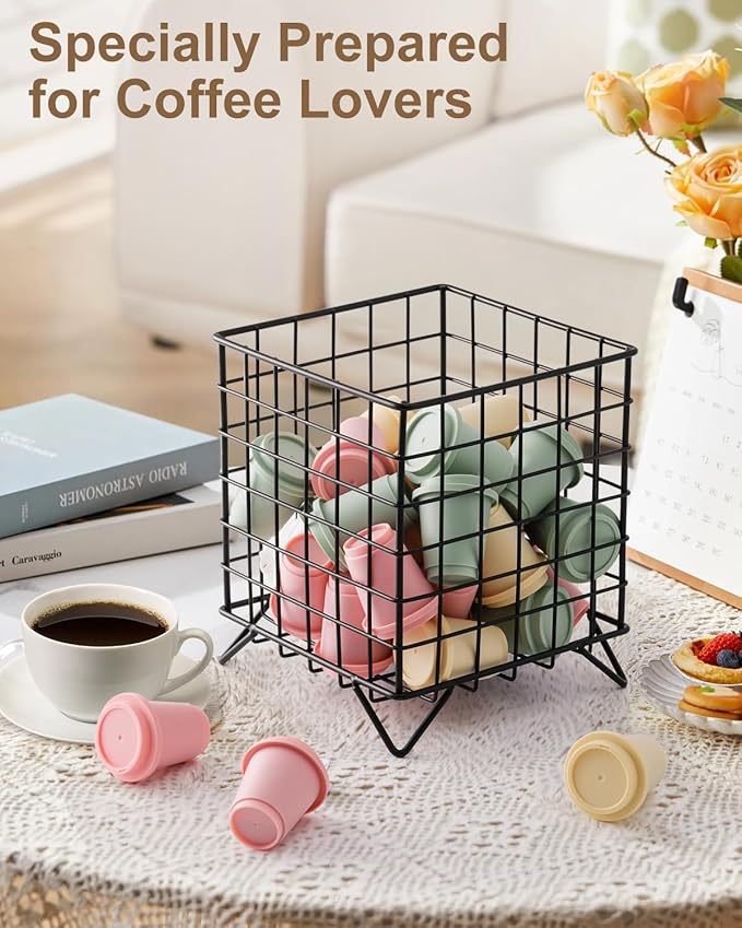FantasyLife K Cup Holder Organizer, 5.3" x 5.3" x 6.3" Coffee Pod Storage Basket, Coffee Bar Accessories Metal Basket, Large Capacity Countertop Organizer for Kitchen Counter & Office Desktop (Black)