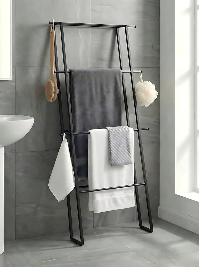 Metal Leaning Ladder Towel Rack, 4-Tier Blanket Stand for Bathroom Living Room, No Drilling Quilt Storage Organizer (Matte Black)