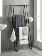 Metal Leaning Ladder Towel Rack, 4-Tier Blanket Stand for Bathroom Living Room, No Drilling Quilt Storage Organizer (Matte Black)