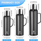 Insulated Vacuum Thermo Bottle 1000ml/33.8oz with Cup Stainless Steel Coffee Bottles for Hot and Cold Drink Water Flask.(Black, with Handle, 1000ml)
