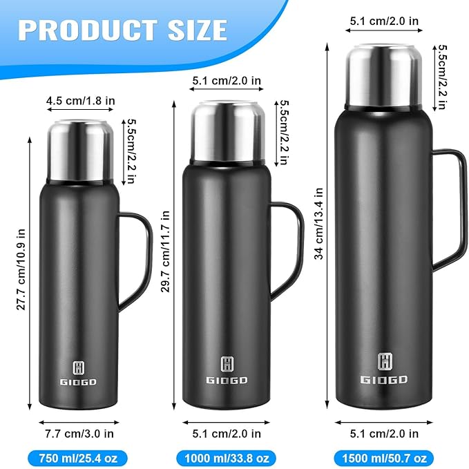 Insulated Vacuum Thermo Bottle 1000ml/33.8oz with Cup Stainless Steel Coffee Bottles for Hot and Cold Drink Water Flask.(Black, with Handle, 1000ml)