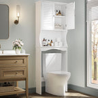 GAOMON Over The Toilet Storage Cabinet,Space-Saving Above Toilet Bathroom Organizer with Adjustable Shelf and Hooks, Bathroom Shelf Over Toilet with Anti-Tip Device,White