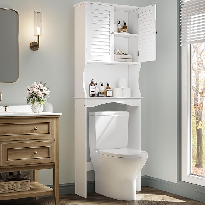 GAOMON Over The Toilet Storage Cabinet,Space-Saving Above Toilet Bathroom Organizer with Adjustable Shelf and Hooks, Bathroom Shelf Over Toilet with Anti-Tip Device,White