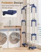 Bigzzia Clothes Drying Rack, 67.7 Inch Laundry Drying Rack with Foldable Base, 4 Tier Stainless Steel Drying Rack Clothing, Movable Laundry Rack for Indoor Outdoor-Blue