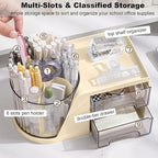 Marte Vanci 360° Rotating Desk Organizer with 2 Drawer, Desktop Rotating Pen Holder with 6 Slots, Small Makeup Organizer, Multifunctional Desk Accessories for Office, Home(Beige)