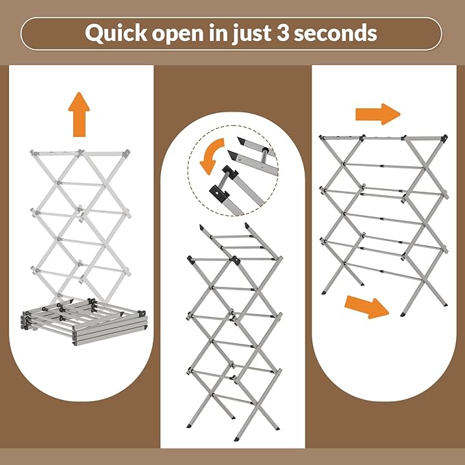Collapsible Floor Drying Rack - Free Standing Accordion Laundry Dryer, Retractable Metal Clothes Hanger with Shoe Storage, Heavy Duty Rustproof Airer for Bathroom, Balcony & Delicates